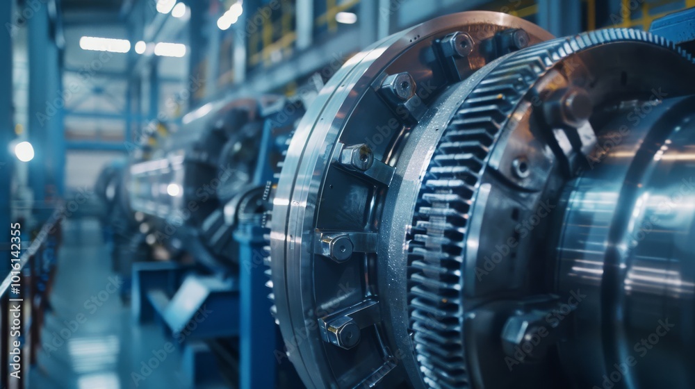 Fototapeta premium Close-up of a shiny turbine engine in a dimly lit industrial facility, showcasing engineering precision and metallic textures.