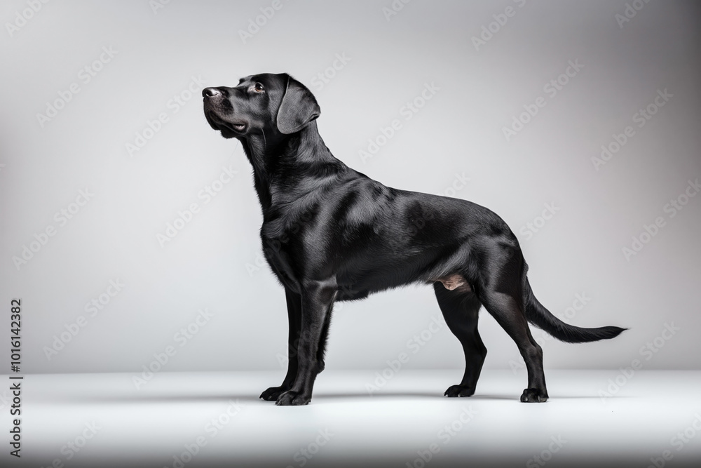 Obraz premium A black Labrador Retriever dog standing on a grey background in a side profile view, highlighting its glossy coat and muscular build.