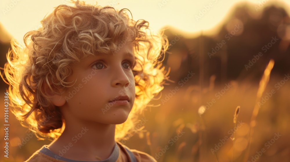 A curly-haired child stands in a sunlit field, golden curls aglow as the sunset paints a picture of quiet wonder and innocence. A curly-haired child stands in a sunlit field, golden curls aglow as the sunset paints a picture of quiet wonder and innocence.