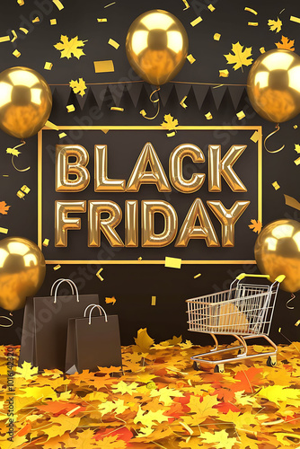 A poster with text Black Friday with giftbox, golden, balloons, confetti, shopping bag, black dark background, 3D illustration photo