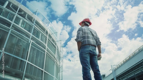 Engineer with a hard hat gazing at a large industrial facility, under a bright sky, embodies ambition and technological progress.