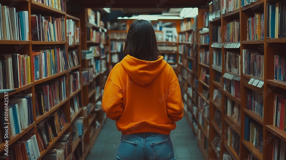 A young person explores a library aisle filled with books during daylight, wearing an orange hoodie and denim jeans A young person explores a library aisle filled with books during daylight, wearing an orange hoodie and denim jeans
