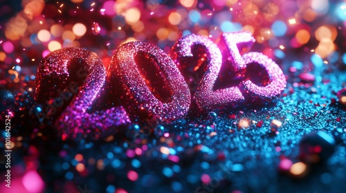 A vibrant display of the number 2025 with sparkling colors and a festive background