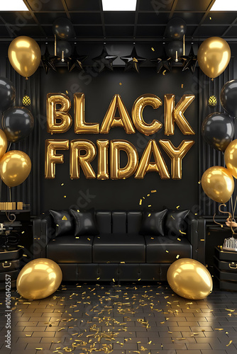 A poster with text Black Friday with giftbox, golden, balloons, confetti, shopping bag, black dark background, 3D illustration photo