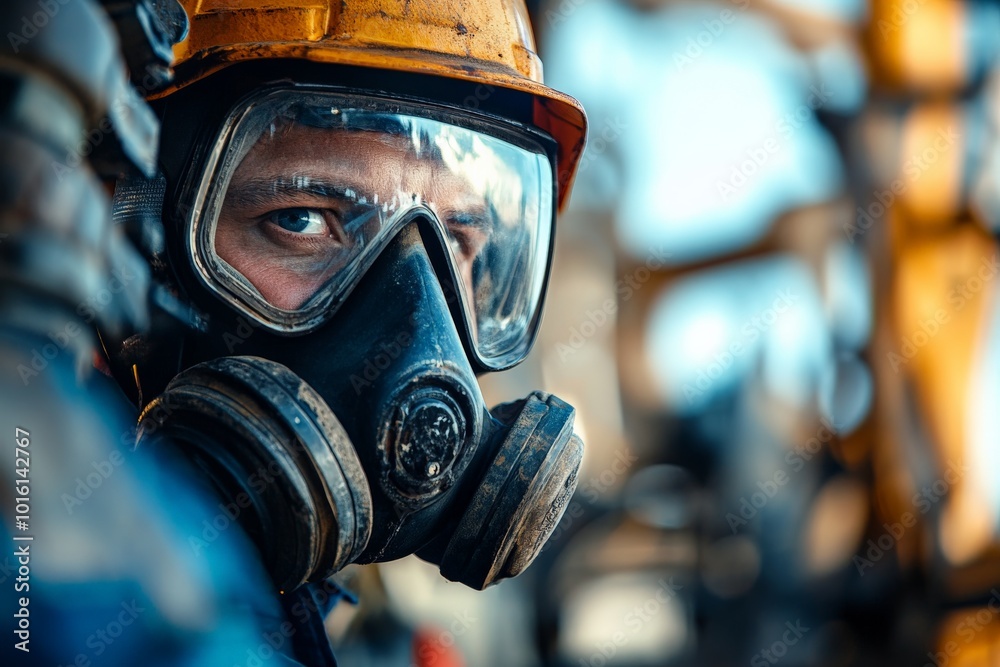 A close-up of an industrial worker wearing a protective gas mask and helmet, highlighting safety equipment and the seriousness of industrial environments. A close-up of an industrial worker wearing a protective gas mask and helmet, highlighting safety equipment and the seriousness of industrial environments.