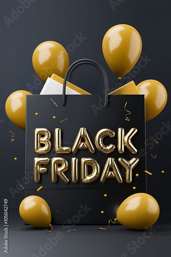 A poster with text Black Friday with giftbox, golden, balloons, confetti, shopping bag, black dark background, 3D illustration photo