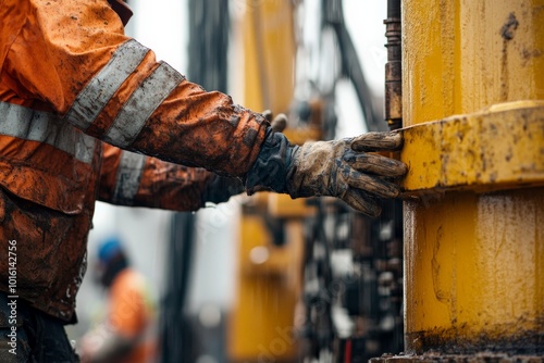 A worker wearing protective gear operates heavy machinery in a muddy and industrial work setting, highlighting the rugged demands and safety precautions of the job.