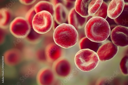 A vivid and detailed close-up of red blood cells, showcasing their smooth texture and significant role in the circulatory system within a biological context. photo