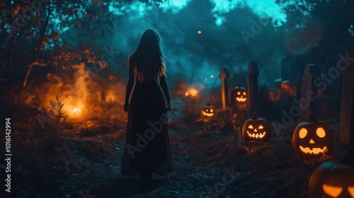 View from the back of a woman walking through cemetery with Halloween pumpkins