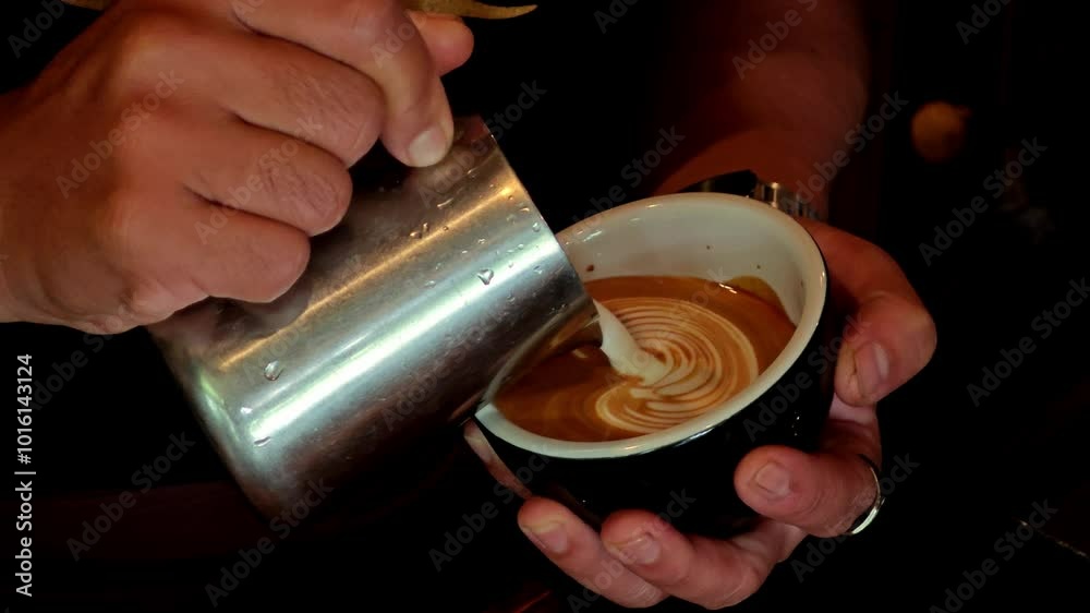 Barista making latte art, pouring cappuccino.