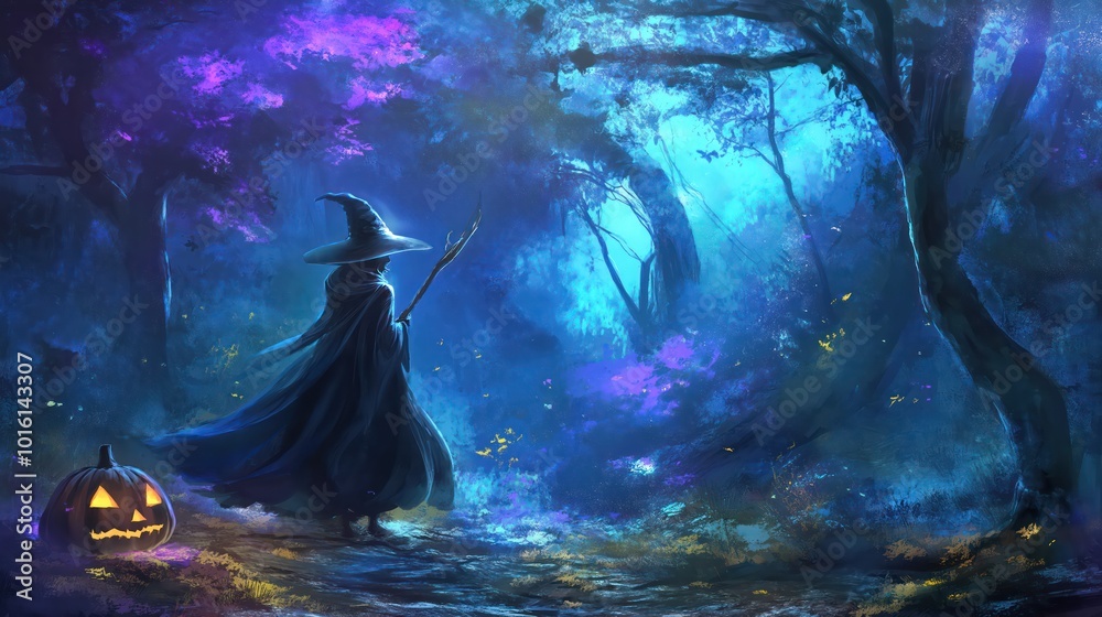 Obraz premium Witch and glowing Halloween pumpkin in the magical forest