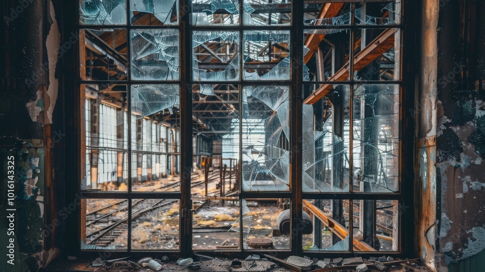 Broken glass frames an abandoned railway, unveiling the beauty of decay and the passage of time through shattered windows. Broken glass frames an abandoned railway, unveiling the beauty of decay and the passage of time through shattered windows.