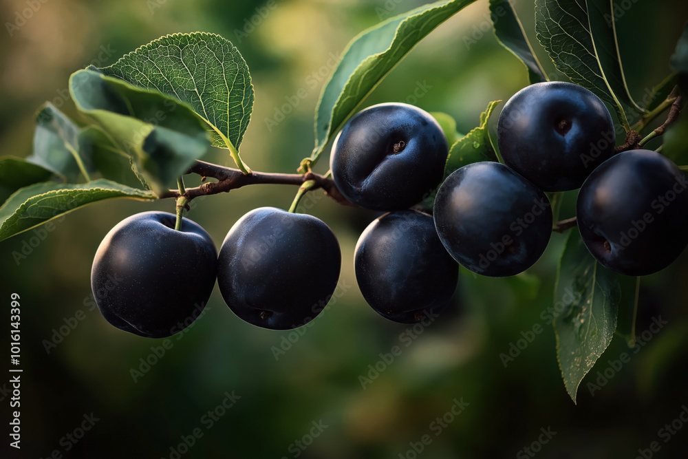 Branch of a tree with ripe black plums and green leaves in a natural outdoor setting Branch of a tree with ripe black plums and green leaves in a natural outdoor setting