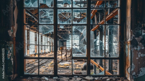Broken glass frames an abandoned railway, unveiling the beauty of decay and the passage of time through shattered windows.