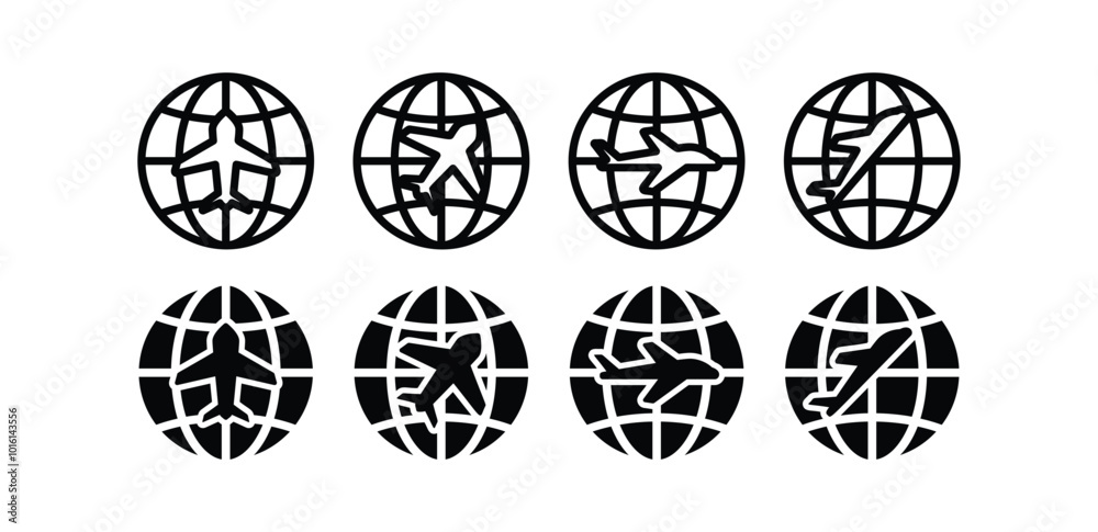 set of globe plane fllying travel icon symbol sign vector design black white color illustration isolated set of globe plane fllying travel icon symbol sign vector design black white color illustration isolated