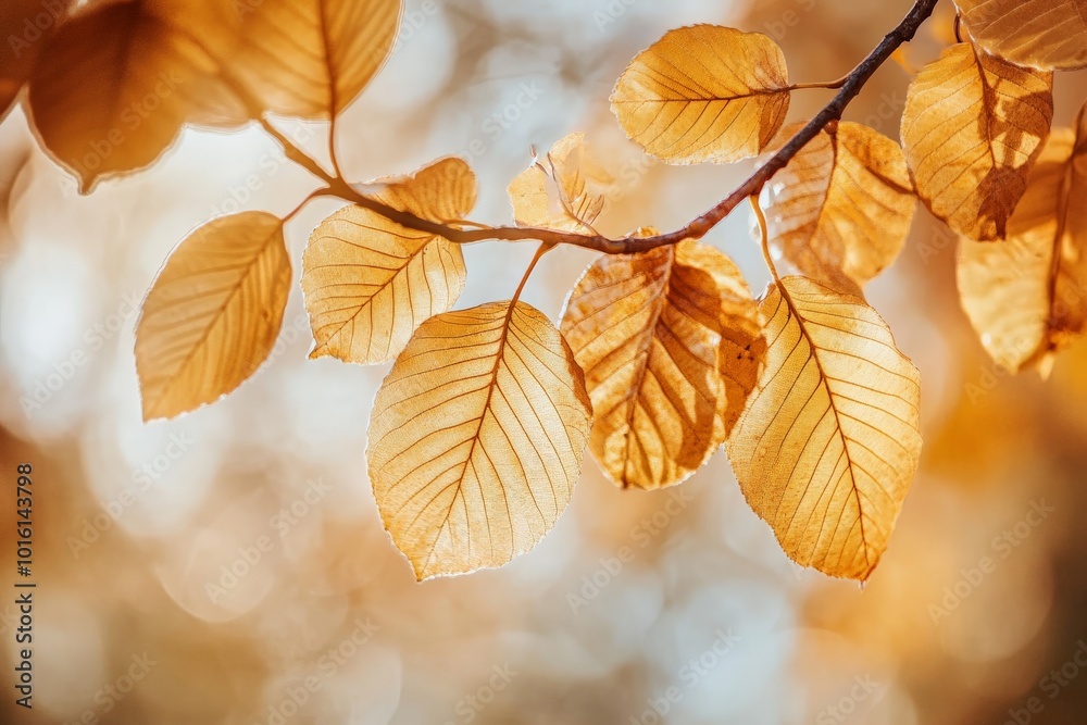 Autumn leaves elegantly capture the sun's glow, reflecting deep, warm hues. The scene encapsulates serenity and a sense of peaceful transition in nature.