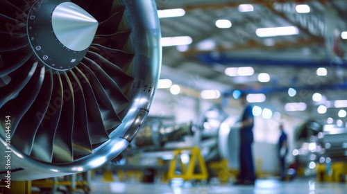 A jet engine turbine viewed closely in a bustling factory, capturing the intricate engineering and dynamic energy of aviation technology. photo