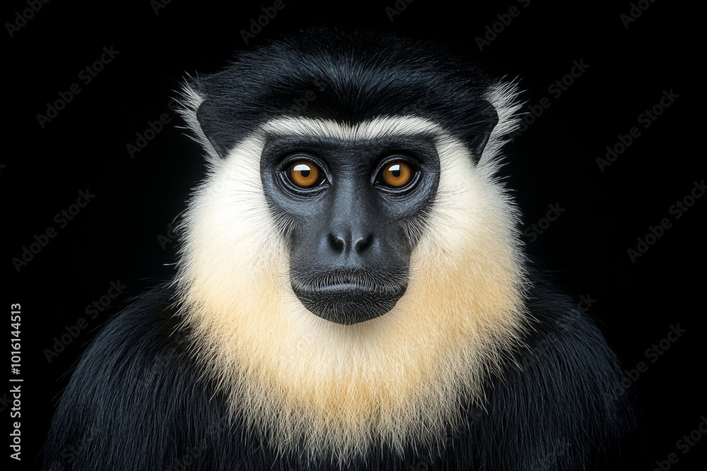 A striking portrait of monkey with big eyes, showcasing its unique features and expressive gaze against dark background. This image captures essence of wildlife and beauty of nature A striking portrait of monkey with big eyes, showcasing its unique features and expressive gaze against dark background. This image captures essence of wildlife and beauty of nature