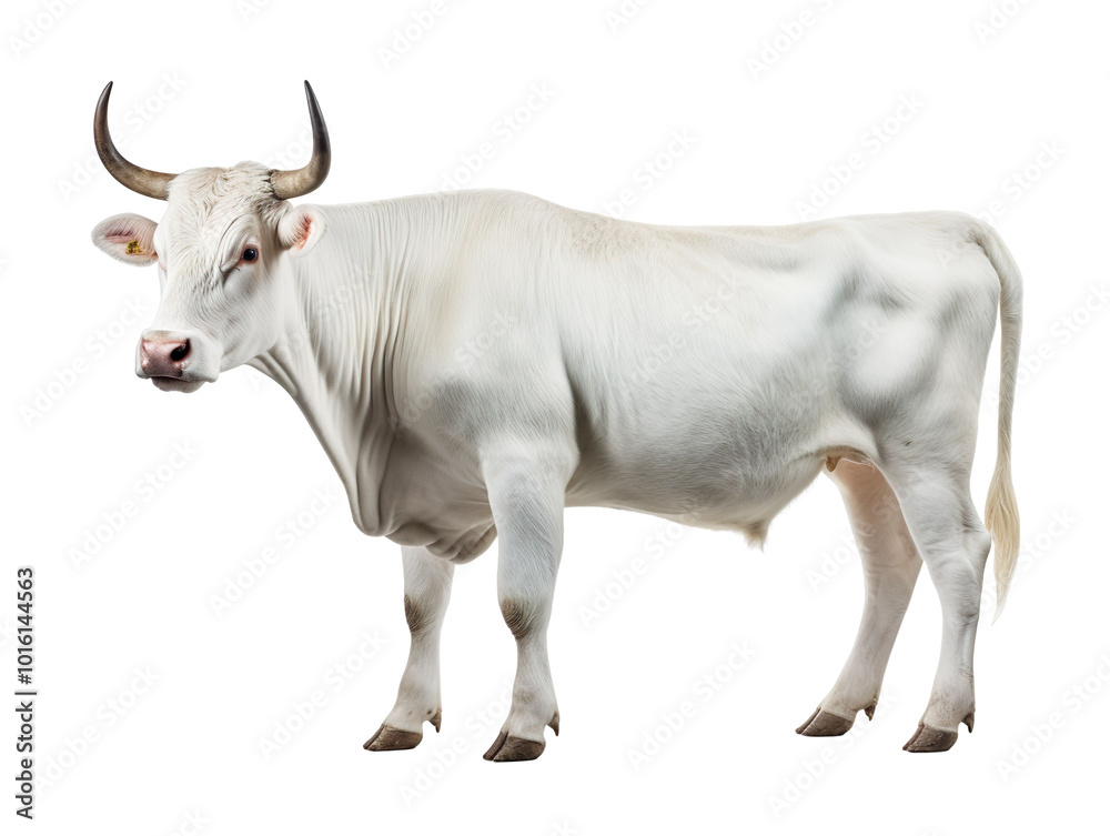 a white cow with horns isolated on transparent background