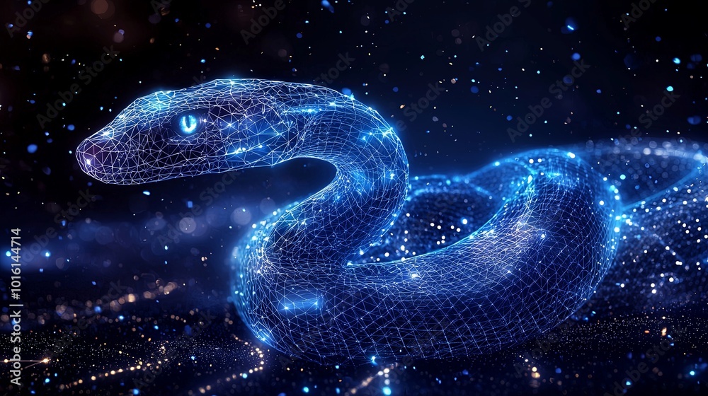 A digital snake designed from neon points weaves through an abstract field of digital connections, illustrating the fusion of technology and nature in modern artistry. A digital snake designed from neon points weaves through an abstract field of digital connections, illustrating the fusion of technology and nature in modern artistry.