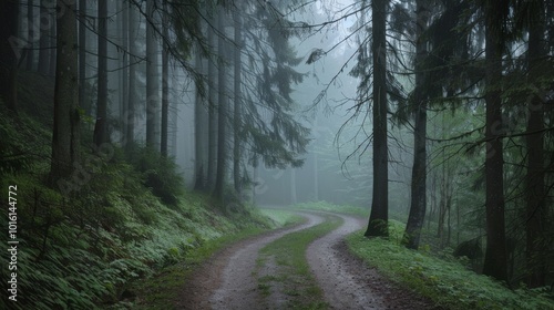 A misty forest path curves amidst towering pine trees, evoking a serene and mysterious atmosphere in the early morning light.