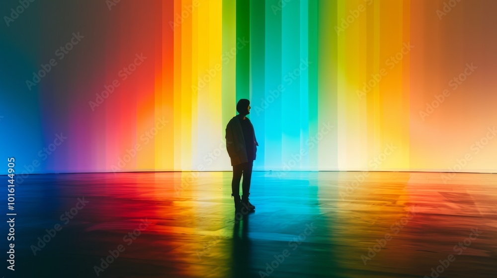 A lone silhouette is surrounded by towering rainbow lights, invoking a sense of awe and discovery. A lone silhouette is surrounded by towering rainbow lights, invoking a sense of awe and discovery.