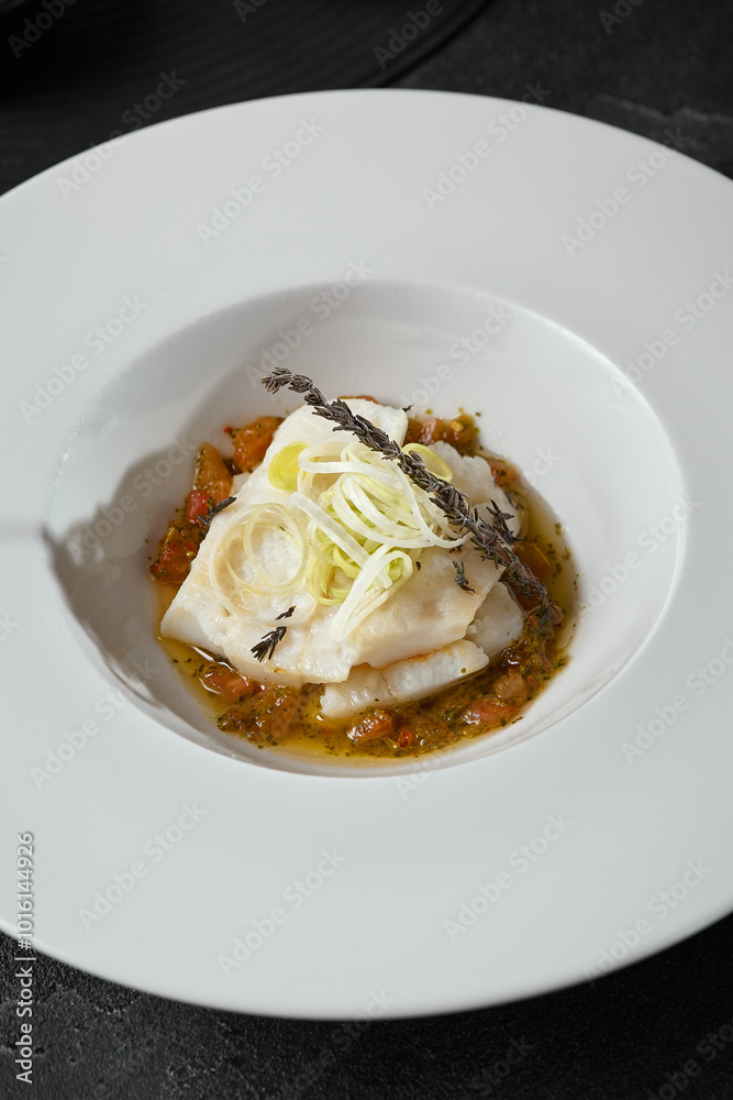 Gourmet Cod with Tomato Sauce on Elegant White Plate with Dark Background Gourmet Cod with Tomato Sauce on Elegant White Plate with Dark Background