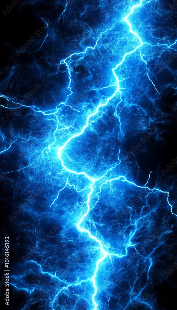Blue Lightning Bolt Striking Through Dark Stormy Sky With Bright Electric Current Discharge Blue Lightning Bolt Striking Through Dark Stormy Sky With Bright Electric Current Discharge