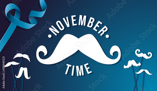 Banner for the month of November - Men's Health Awareness - Mustache Challenge in Support of Men's Health - Blue Modern Elements - Illustrated Mustache Shape - Vector
