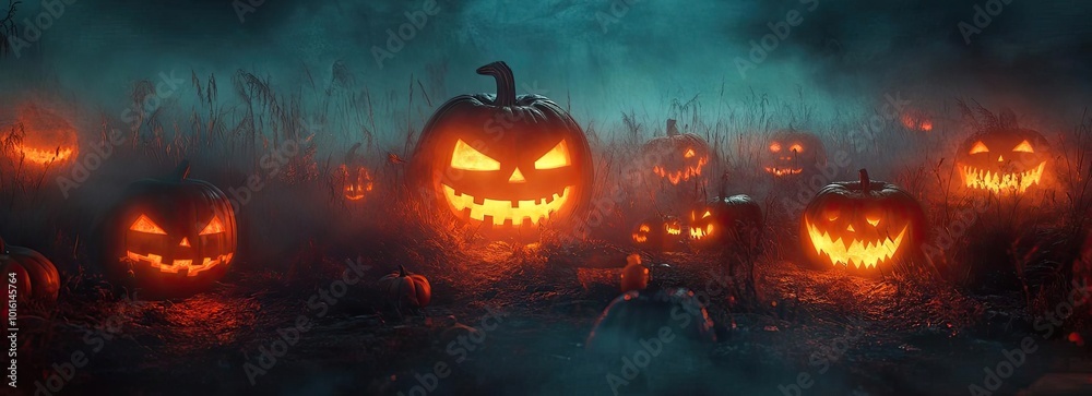 Fototapeta premium Eerie scene of glowing Halloween pumpkins in a foggy landscape, perfect for capturing the spooky spirit of the season.