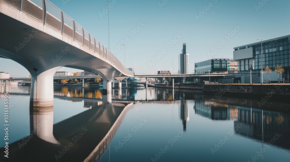 A sleek, modern bridge arches gracefully over a calm river, perfectly mirroring the seamless lines of a bustling cityscape beyond. A sleek, modern bridge arches gracefully over a calm river, perfectly mirroring the seamless lines of a bustling cityscape beyond.