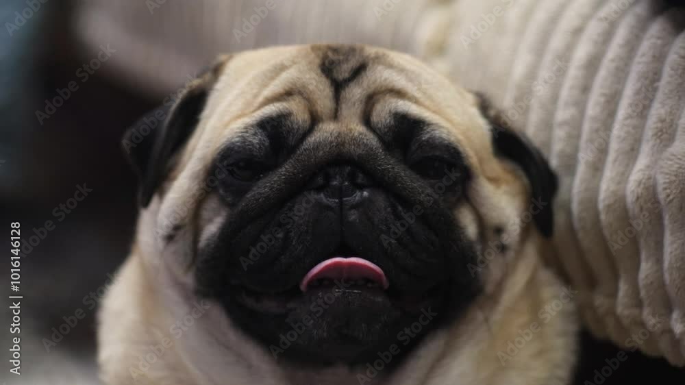 adult cute pug looking at camera with tongue hanging out of mouth, muzzle of domestic purebred pug close-up adult cute pug looking at camera with tongue hanging out of mouth, muzzle of domestic purebred pug close-up