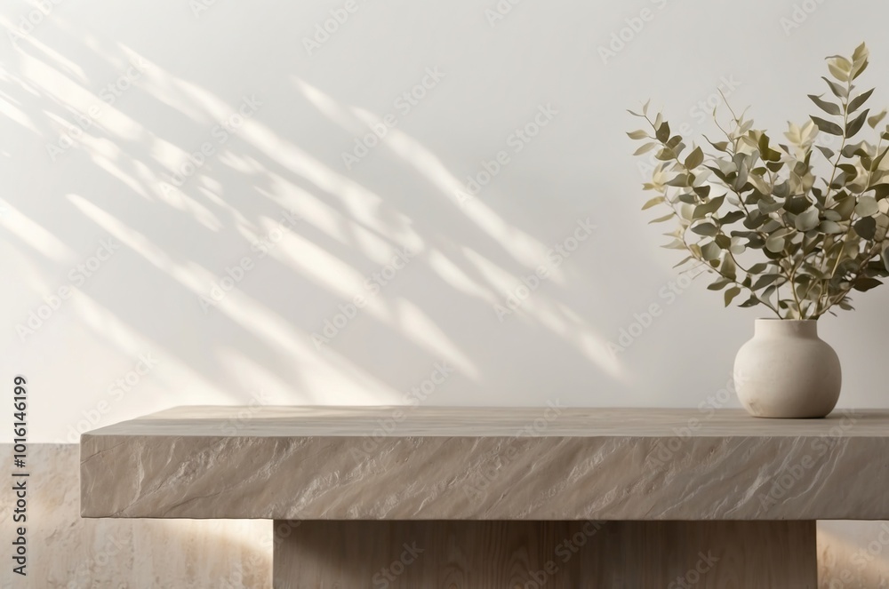 Premium podium display with leaf shadow, Cosmetics or beauty product promotion mockup. Natural stone step pedestal. Trendy minimalist banner, 3D render illustration.