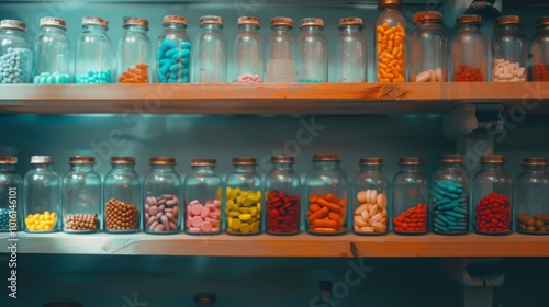 Glass jars line wooden shelves, filled with assorted colorful candies, creating a nostalgic and sweet atmosphere.