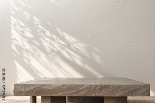 Premium podium display with leaf shadow, Cosmetics or beauty product promotion mockup. Natural stone step pedestal. Trendy minimalist banner, 3D render illustration.