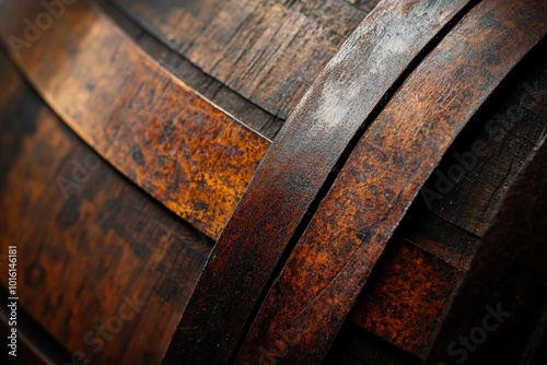 A detailed perspective on the weathered textures of a wooden barrel, accentuated by rusting iron bands, evoking historical traditions and artisanal skills. photo