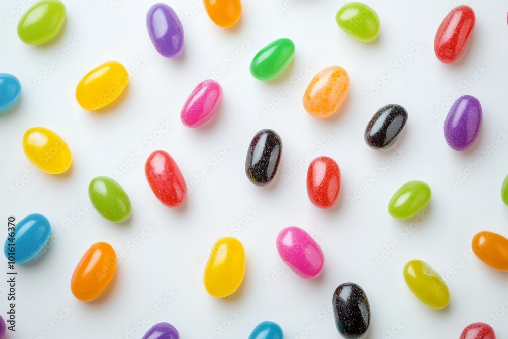 This image displays an arrangement of jelly beans in diverse colors on a pale background. The scene encapsulates diversity and the sweetness of life.