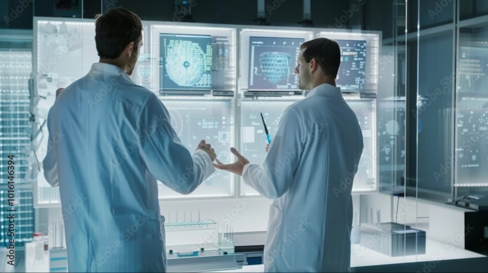 Obraz premium Two scientists in a high-tech lab engrossed in discussions over glowing data panels and advanced equipment.