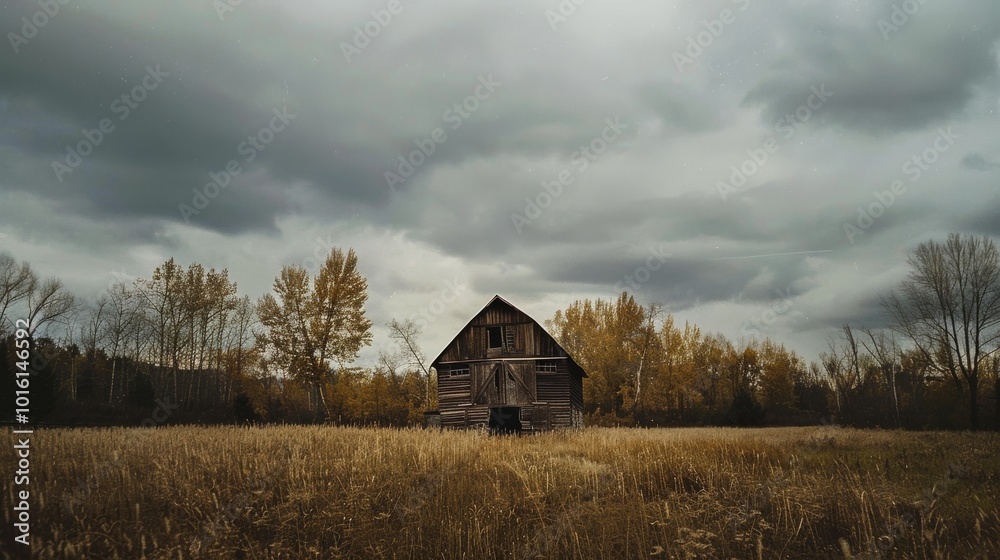 Fototapeta premium An old barn amidst an open field under a brooding sky, surrounded by sparse trees, capturing the essence of isolation and nostalgia.