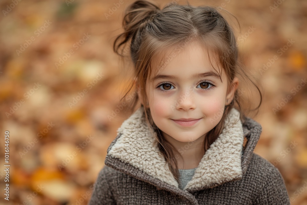 A young girl with an adorable smile stands amidst vibrant autumn leaves, wearing a soft jacket, radiating innocence and wonder in the peaceful forest setting. A young girl with an adorable smile stands amidst vibrant autumn leaves, wearing a soft jacket, radiating innocence and wonder in the peaceful forest setting.