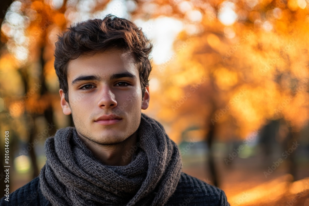 A young man stands in an autumn park surrounded by vibrant foliage, wrapped in a cozy scarf, evoking a sense of warmth and introspection amid fall's beauty. A young man stands in an autumn park surrounded by vibrant foliage, wrapped in a cozy scarf, evoking a sense of warmth and introspection amid fall's beauty.