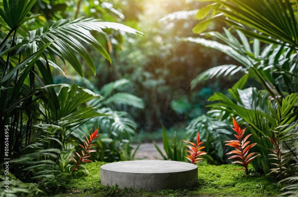 Concrete podium tabletop floor in outdoor tropical garden forest blurred green leaf plant nature background.Natural product placement pedestal stand display,summer jungle paradise concept.