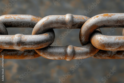 Close-up of rusted metal chain links with a weathered texture, showing signs of corrosion and age, against a blurred background.