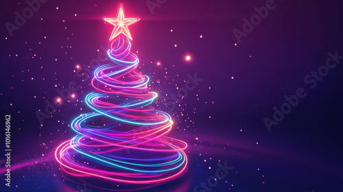 Neon lights swirl forming spiraling christmas tree with glowing star on vibrant night background