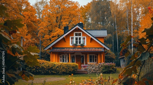 Cozy autumn scene of a bright orange cottage nestled among golden trees, evoking warmth and nostalgia in a serene rural retreat.