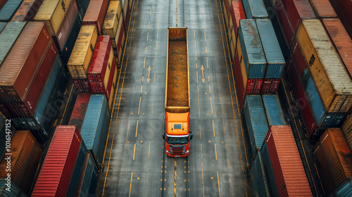 Red truck transporting cargo through shipping container yard on rainy day. Generative AI