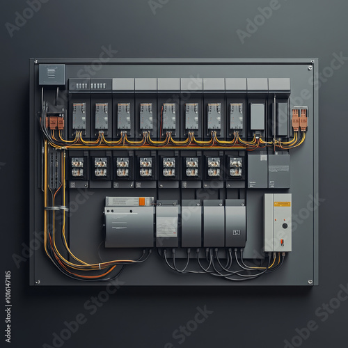 detailed view of geometric consumer unit featuring angular wiring and multiple circuit breakers, showcasing modern electrical setup. organized layout emphasizes functionality and safety in electrical