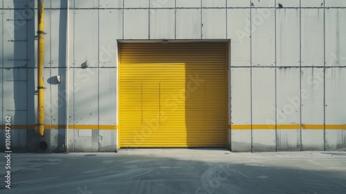 A bright yellow industrial shutter door on a stark, worn concrete building, casting long shadows and evoking urban solitude.