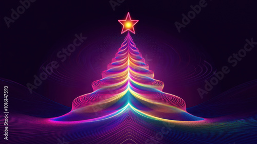 Wallpaper Mural Vibrant neon christmas tree with star on abstract dark background Torontodigital.ca