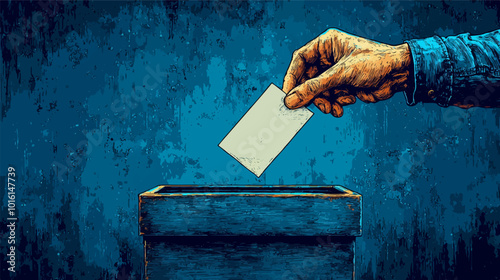 Artistic illustration of a hand placing a ballot into a blue ballot box